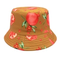 Detailed close-up of pomegranate print on cotton bucket hat with vibrant fruit patterns - M (56-58cm) / Earthy Yellow