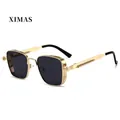 Detail of steampunk square sunglasses with gold metal frame and side shield panels - Gold Frame Grey Lens