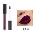 Detailed view of matte dark purple liquid lipstick 12 on lips and bottle applicator - 12# Aunt Red
