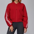 Red bomber jacket with white sleeve stripes and ribbed cuffs for sports fashion - S / Lava Red
