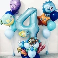 Blue ocean themed 4th birthday decoration kit with number 4 and sea animal balloons - Number 4
