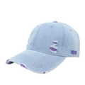 Detail of purple 1999 embroidery and distressed denim holes on light blue baseball cap - Adjustable (55-60cm) / Purple Embroidery/Light Blue Denim
