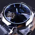 Winner automatic mechanical watch with black sunburst skeleton dial and leather strap - Black Leather Strap / Black