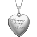 Silver heart locket necklace engraved with Forever in my Heart on a white background - Steel Engraved (Forever in my heart)