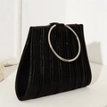 Elegant black pleated evening clutch bag with large circular silver metal handle - Black