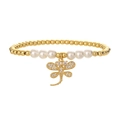 Minimalist gold beaded bracelet featuring white pearls and a zircon dragonfly pendant - White Zircon Dragonfly Gold Beaded Bracelet