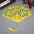 Yellow lace folding fan with rose patterns and matching tassel for dance and decor - Fan with Tassel / Yellow