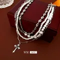 Collar de perlas multicapa con cadenas plateadas y colgante de cruz con gema - Estilo de Perlas de Cruz de Varias Capas / Plateado