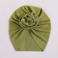 Infant turban hat with large 3D rose flower in olive green ribbed knit fabric - Grass Green