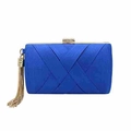 Elegant royal blue satin evening clutch bag with woven texture and gold tassel - Blue