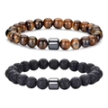 Beaded bracelet set featuring natural tiger eye and black volcanic lava stone beads - Tiger Eye & Lava Stone Bead Bracelet