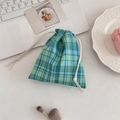 Blue-green checkered fabric drawstring pouch for jewelry and cosmetic storage - Diagonal Blue-Green Grid