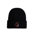Detail van streetstyle beanie met hoogwaardige gebreide textuur en schedelborduursel - M (56-58cm) / Zwart
