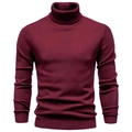 Detailed view of the ribbed knit turtleneck and burgundy fabric texture of the men's sweater - Turtleneck Wine Red