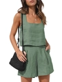 Ensemble 2 pièces en lin vert pour femme avec haut sans manches à col carré et short taille haute - S / Vert Haricot