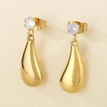 Minimalist gold-plated stainless steel teardrop earrings with clear cubic zirconia - Style A (Single Zircon Stud + Smooth Teardrop) / Gold