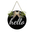 Rustic round wooden Hello door sign with green plants and black and white plaid bow - 28x28x0.5cm / Black Simple Style (M80545Q)