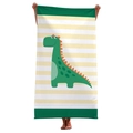 Detail of green striped microfiber beach towel with cute dinosaur cartoon print held by model - JF813-2 Green Yellow Striped Dinosaur / 160x80cm Microfiber