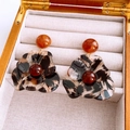 Vintage floral drop earrings with leopard print and amber beads in a jewelry box - 85# Silver Pin-Brown