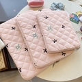 Pink quilted laptop sleeve with cute bow embroidery, protective case for 11 13 15 inch tablets. - 11" / Light Pink