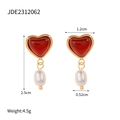 Gold-plated earrings with red resin heart and white teardrop pearl pendant details - Red Heart Waterdrop Pearl(JDE2312062)