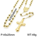 Golden 6mm stainless steel beaded rosary necklace with engraved cross pendant - Bright Gold Decorative Cross Style (KN117710-Z)