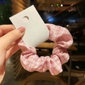 Pink and white checkered oversized scrunchie hair tie with woven tweed texture - Artistic Girl Pink Grid