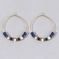 Bohemian gold hoop earrings with blue and white semi-precious stone beads - Dark Blue Beaded Gold Hoop