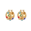 Detailed view of luxury gold earrings with colorful zircon stones in a wide band design - Artificial Pearl Decor Style (E972-GO)