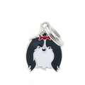 Cartoon Shishi dog pet ID tag with red bow and black enamel finish on silver ring - 47 Shih Tzu