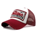 Vintage burgundy and white mesh baseball cap with Indian embroidery and distressed brim - Adjustable / Burgundy