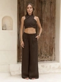 Zweiteiler aus dunkelbraunem Leinen mit Neckholder-Top und Hose mit weitem Bein - S / Kaffeebraun