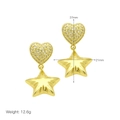Detail showing dimensions of gold heart and star earrings, 37mm length and 12.6g weight - Heart Pentagram Dangle Style (DE240608-C)