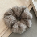 Plush faux mink fur scrunchie in taupe, elegant oversized hair tie for autumn and winter - Gray