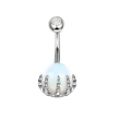 Silver steel navel ring with skull hand claw holding a white fire opal bead - Style 35
