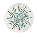 Round cream woven cotton placemat with green and yellow spiral geometric pattern - Fireworks Pattern