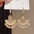 Vintage gold-plated drop earrings featuring olive green stones and white bead tassels - Style 51# Ear Hook-Gold-White