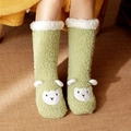 Cosy green plush floor socks with cute white alpaca face and fluffy fleece trim - One Size / Green Sheep