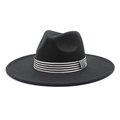Classic black wide brim fedora hat with black and white striped ribbon band accent - M (56-58cm) / Black