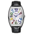 Men's tonneau quartz watch with colorful art numerals and black leather strap - Silver Case White Dial Colorful Numerals