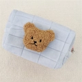 Light blue quilted cosmetic pouch with a 3D teddy bear charm and metal zipper closure - Blue (Coffee Bear)