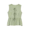 Detail of green sleeveless tie-front top featuring ruffles and crepe texture fabric - S / Light Green Top