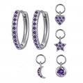 Silver S925 earrings set with purple zircon moon star heart and cross charms - Purple Zircon Silver