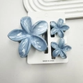 Plumeria hair clip set featuring 3 pieces with blue and white marble texture flower patterns - Large Claw Clip And Small Hair Clips / Marble Dream Gray