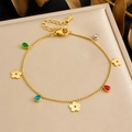 Elegant gold chain bracelet with colorful crystal teardrops and hollow flower charms - Flower Teardrop Colorful Stone Style (B1771)