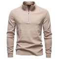 Close-up of khaki half-zip stand collar sweatshirt showing soft fleece texture and stitching - Light Khaki