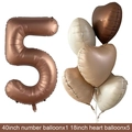 Close-up of 40-inch number 5 balloon with five 18-inch heart-shaped foil balloons - Chocolate Number 5 / Number And Heart Balloon Combination