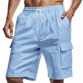 Detail of light blue linen cargo shorts showing elastic waistband and drawstring texture - Light Blue
