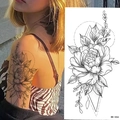 Sketch style flower temporary tattoo sticker with geometric patterns and rose motif - Pattern BK-004