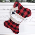 Plaid bone-shaped Christmas pet stocking with white lace trim and wooden tags - Red and Black Plaid Bone Stocking